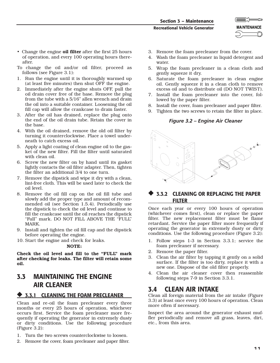 3 maintaining the engine air cleaner, 4 clean air intake | Guardian Technologies QUIETPACT 40LP 004701-0 User Manual | Page 13 / 52