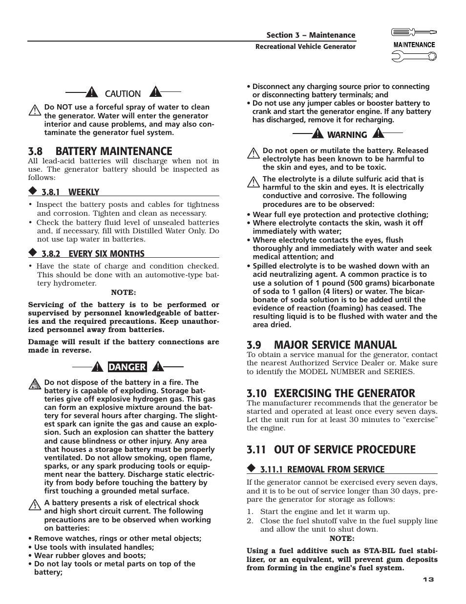 8 battery maintenance, 9 major service manual, 10 exercising the generator | 11 out of service procedure | Guardian Technologies QUIETPACT 40LP 004701-0 User Manual | Page 15 / 52