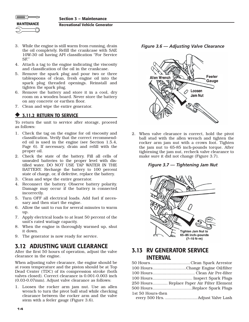 12 adjusting valve clearance, 13 rv generator service interval | Guardian Technologies QUIETPACT 40LP 004701-0 User Manual | Page 16 / 52