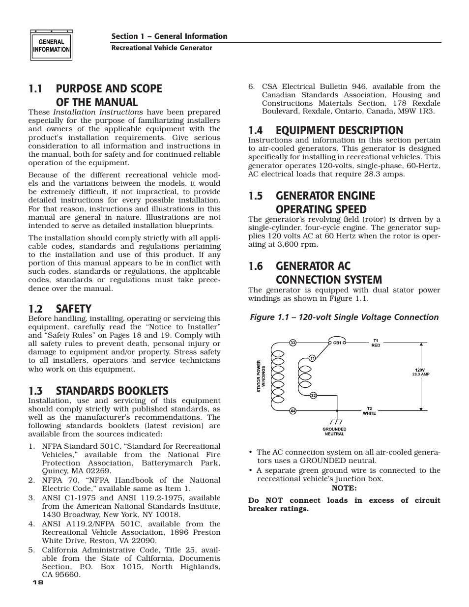 1 purpose and scope of the manual, 2 safety, 3 standards booklets | 4 equipment description, 5 generator engine operating speed, 6 generator ac connection system | Guardian Technologies QUIETPACT 40LP 004701-0 User Manual | Page 20 / 52