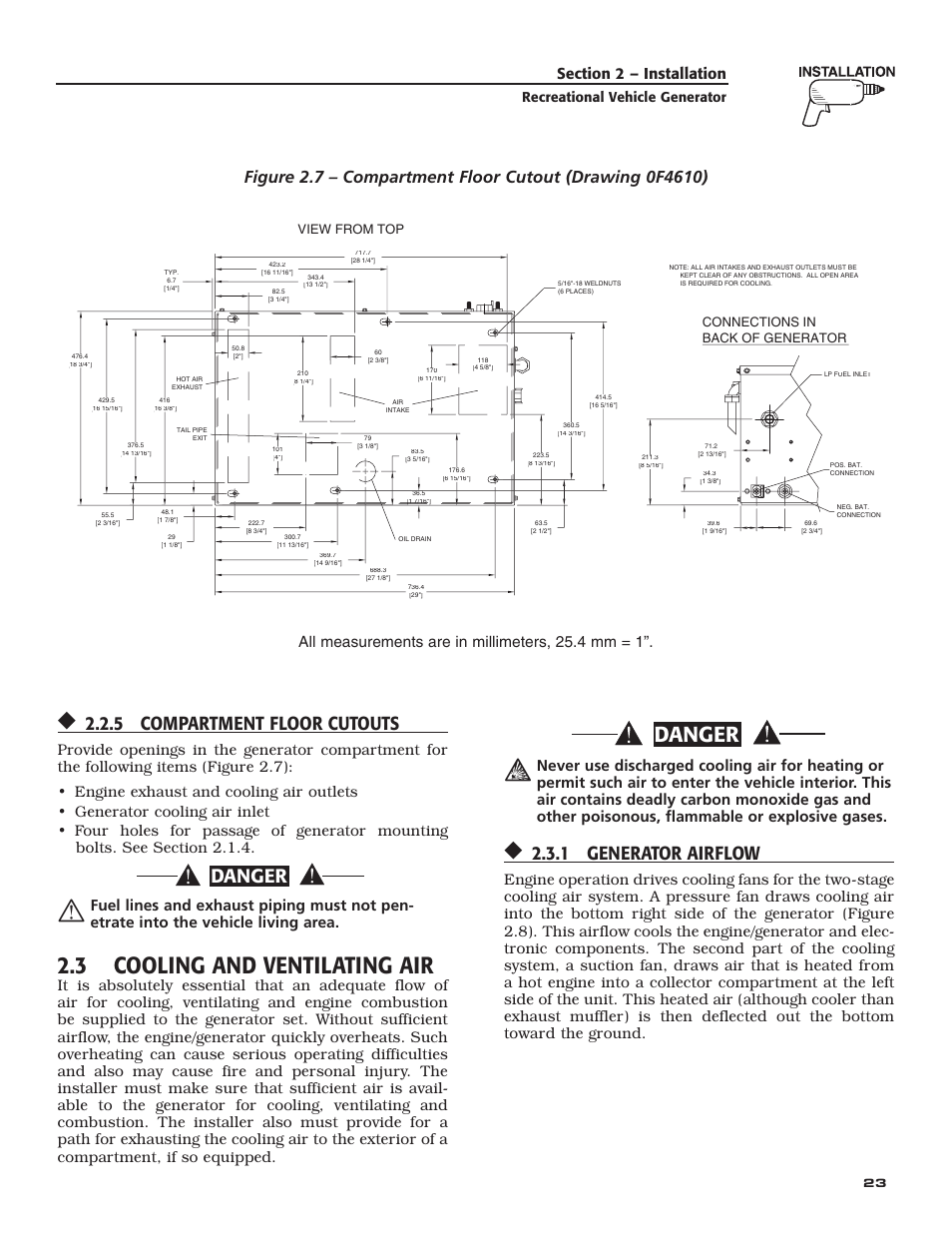 3 cooling and ventilating air, Danger, 5 compartment floor cutouts | 1 generator airflow, All measurements are in millimeters, 25.4 mm = 1, Recreational vehicle generator, View from top, Connections in back of generator | Guardian Technologies QUIETPACT 40LP 004701-0 User Manual | Page 25 / 52
