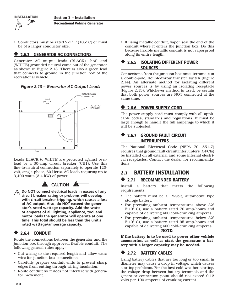 7 battery installation, 3 generator ac connections, 4 conduit | 5 isolating different power sources, 6 power supply cord, 7 ground fault circuit interrupters, 1 recommended battery, 2 battery cables, Figure 2.13 – generator ac output leads, View from top | Guardian Technologies QUIETPACT 40LP 004701-0 User Manual | Page 30 / 52