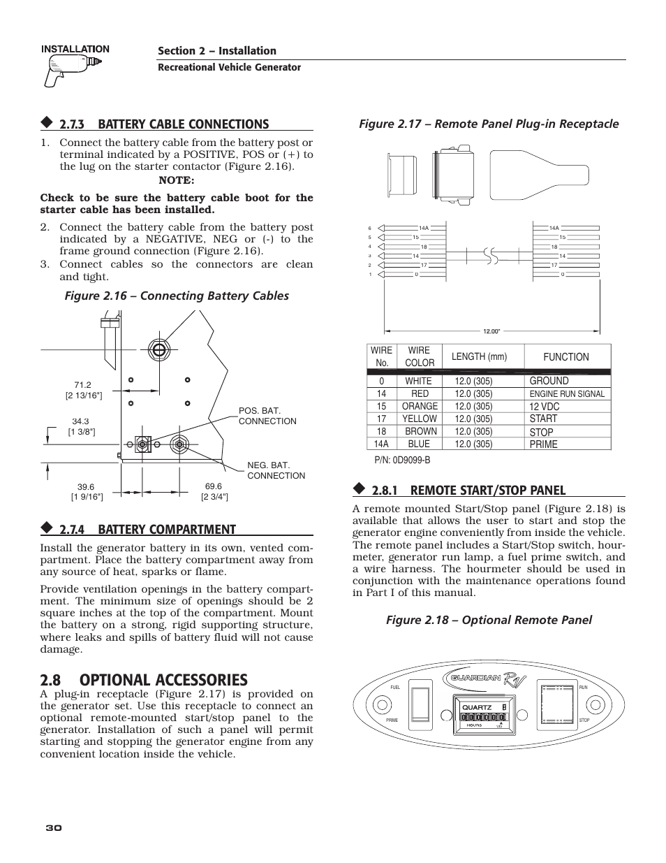 View from top, Connections in back of generator, 8 optional accessories | 3 battery cable connections, 4 battery compartment, 1 remote start/stop panel, Figure 2.16 – connecting battery cables, Figure 2.17 – remote panel plug-in receptacle, Figure 2.18 – optional remote panel | Guardian Technologies QUIETPACT 40LP 004701-0 User Manual | Page 32 / 52