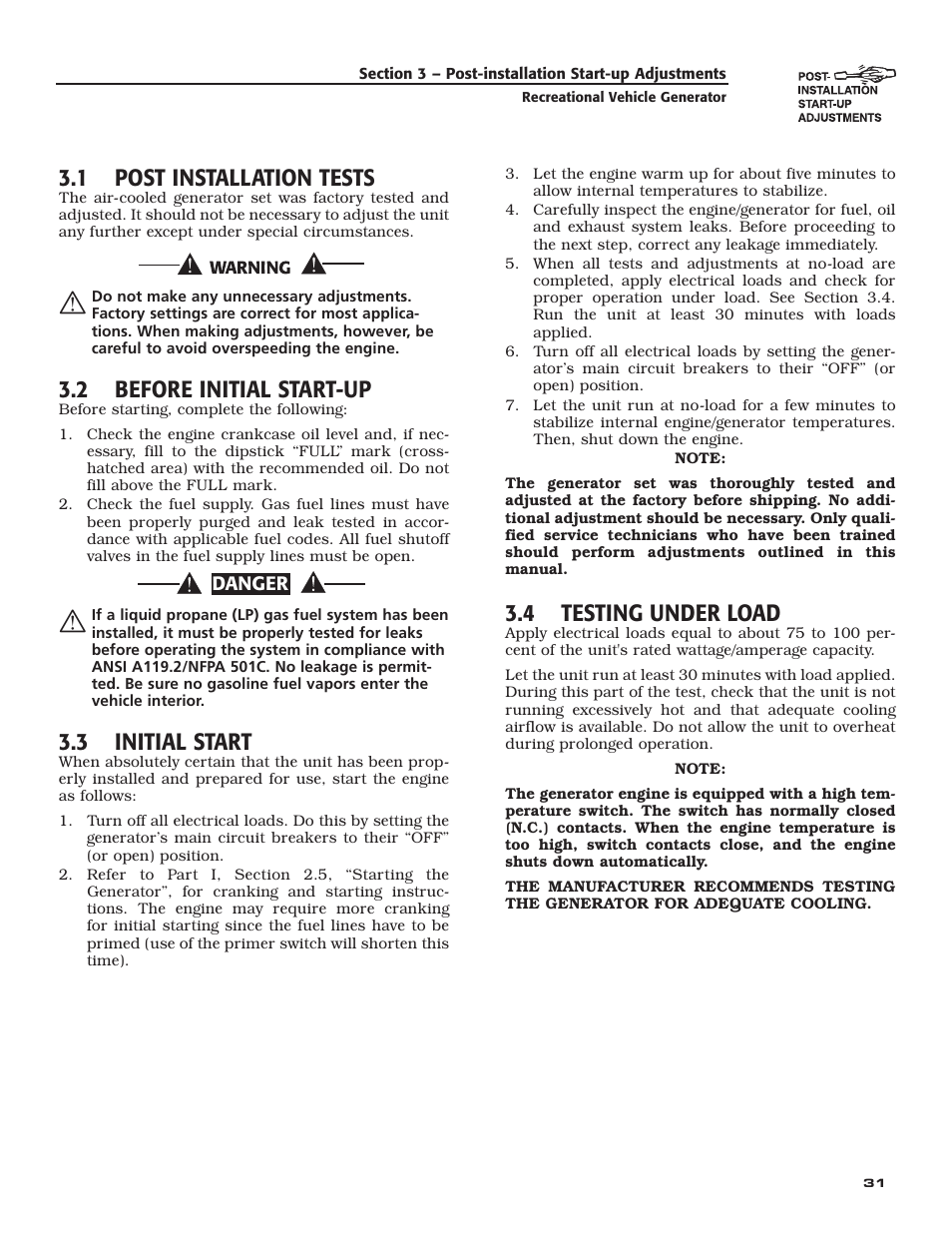 1 post installation tests, 2 before initial start-up, 3 initial start | 4 testing under load | Guardian Technologies QUIETPACT 40LP 004701-0 User Manual | Page 33 / 52