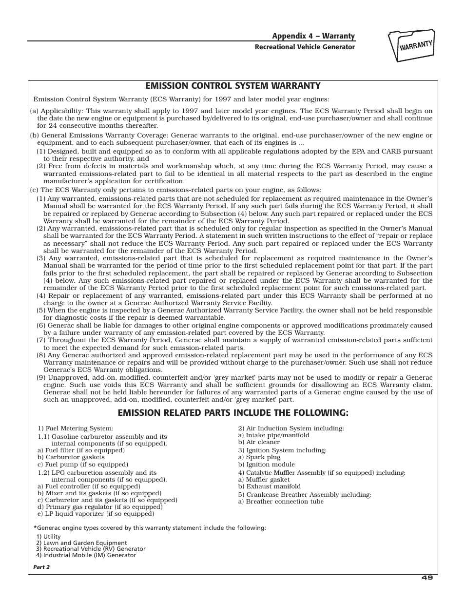 Emission control system warranty, Emission related parts include the following | Guardian Technologies QUIETPACT 40LP 004701-0 User Manual | Page 51 / 52
