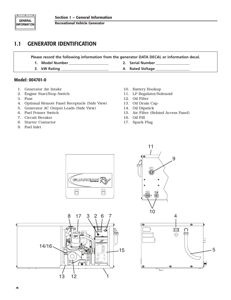 1 generator identification | Guardian Technologies QUIETPACT 40LP 004701-0 User Manual | Page 6 / 52