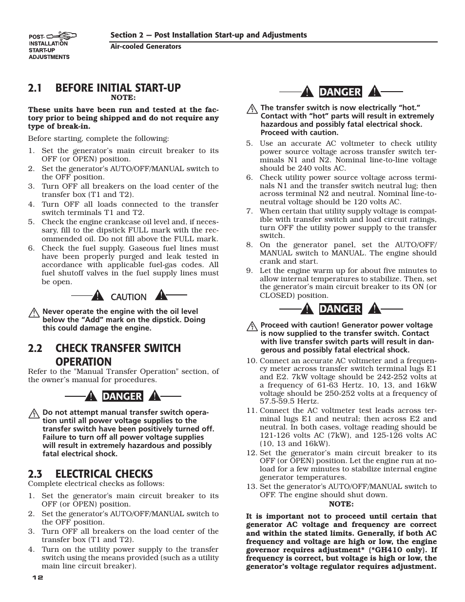 1 before initial start-up, 2 check transfer switch operation, 3 electrical checks | Danger | Guardian Technologies 005282 User Manual | Page 14 / 72