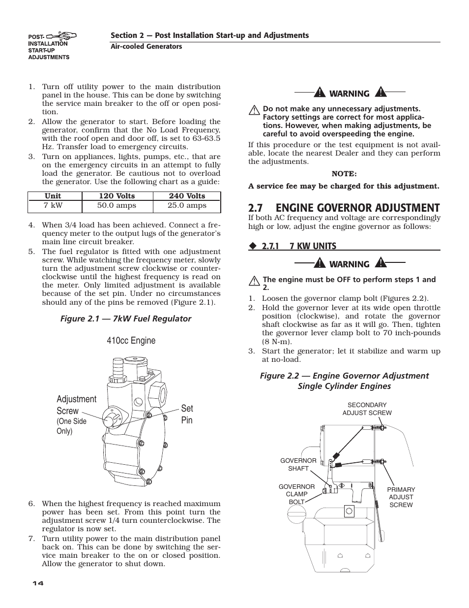 7 engine governor adjustment, 410cc engine adjustment screw, Set pin | Guardian Technologies 005282 User Manual | Page 16 / 72