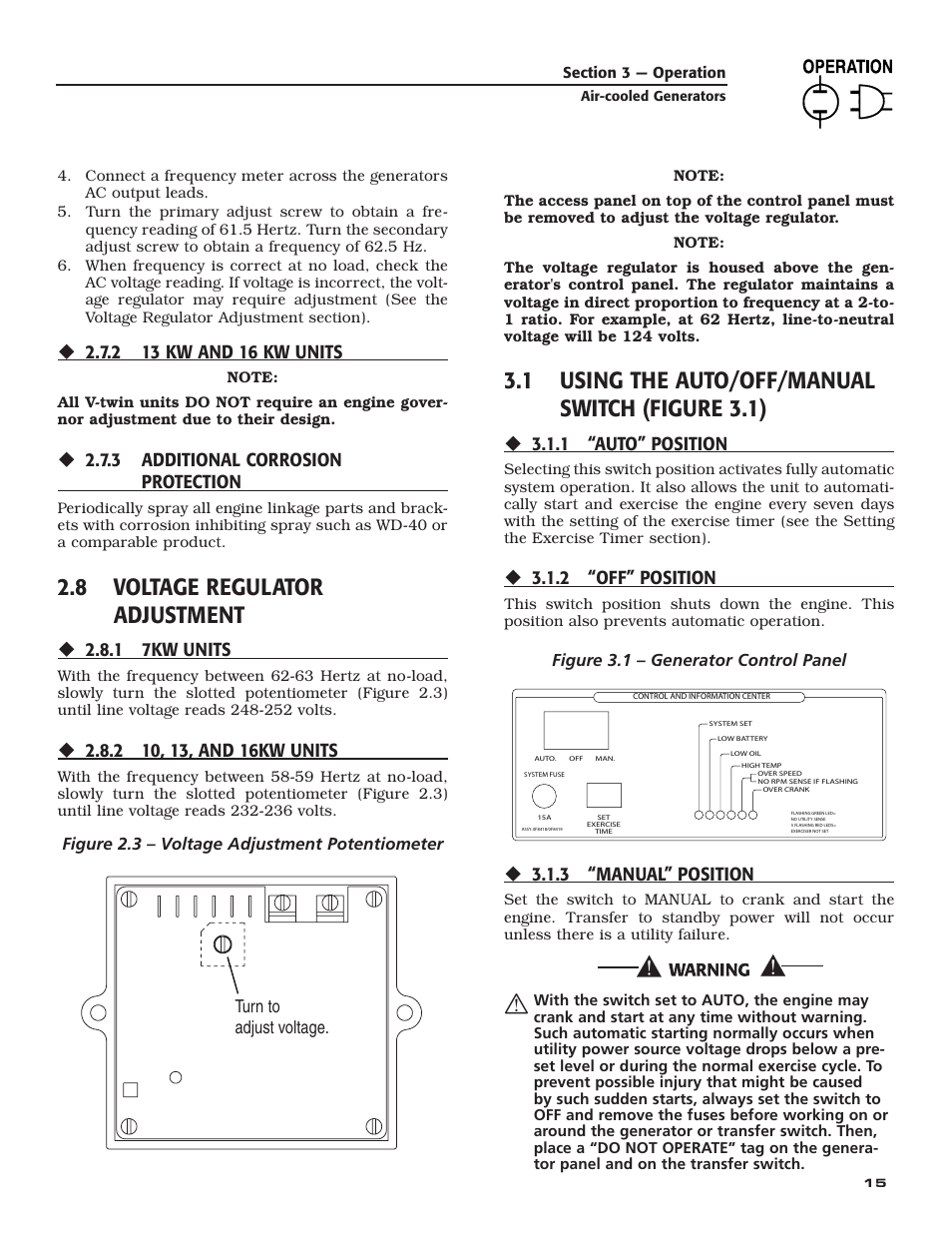 8 voltage regulator adjustment, 1 using the auto/off/manual switch (figure 3.1), 3 additional corrosion protection | 1 7kw units, 1 “auto” position, 2 “off” position, 3 “manual” position | Guardian Technologies 005282 User Manual | Page 17 / 72