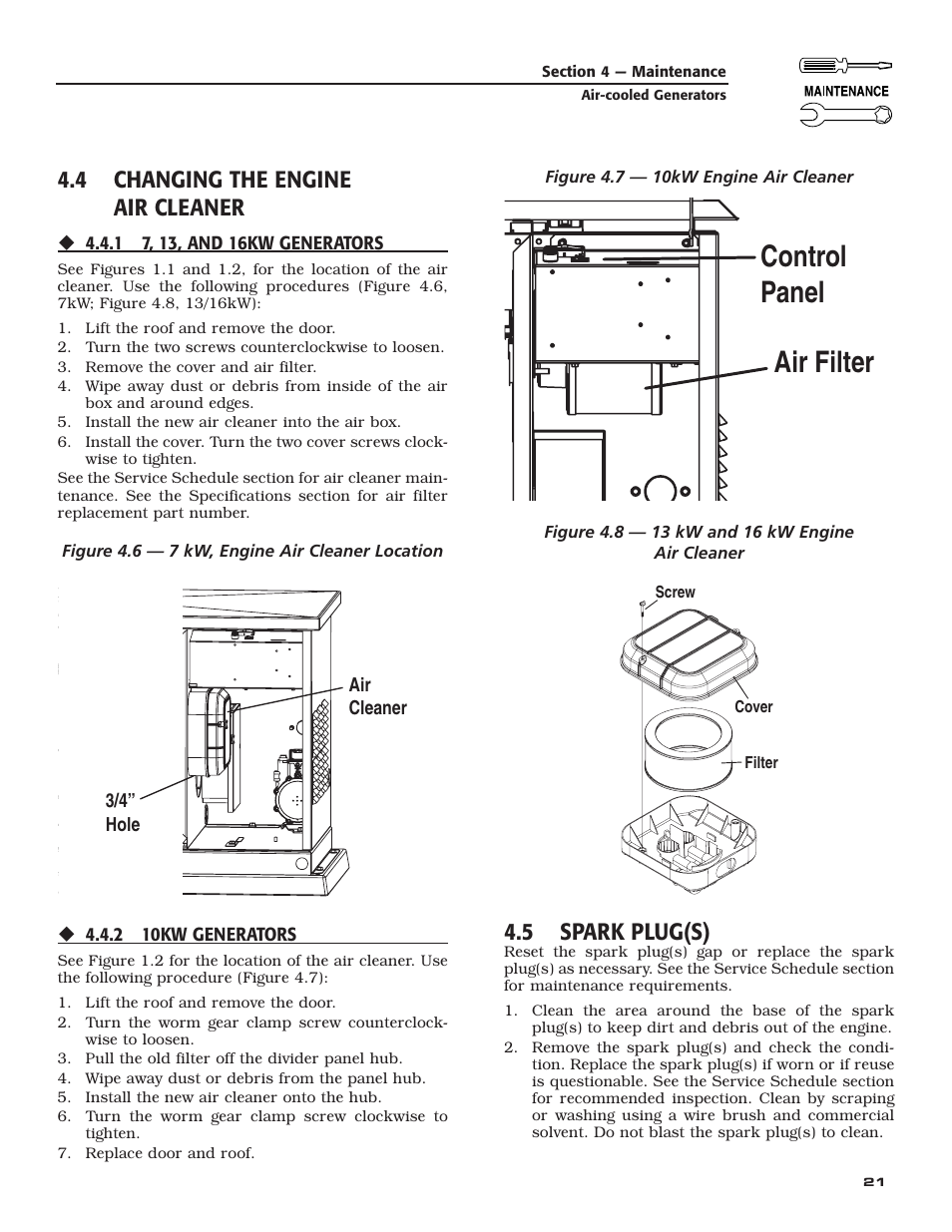 Air filter control panel, 4 changing the engine air cleaner, 5 spark plug(s) | Guardian Technologies 005282 User Manual | Page 23 / 72