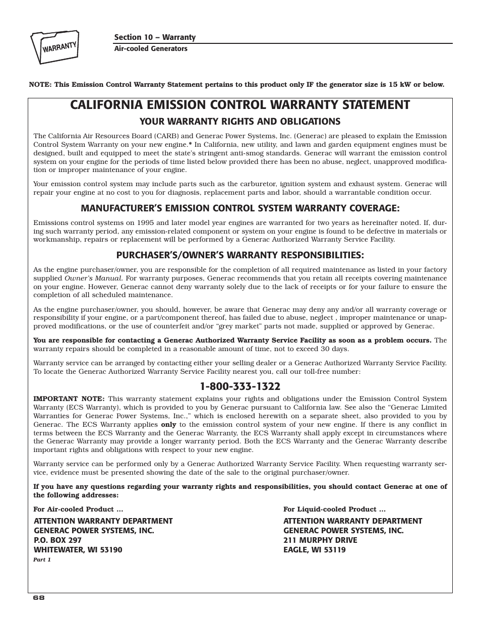 California emission control warranty statement | Guardian Technologies 005282 User Manual | Page 70 / 72