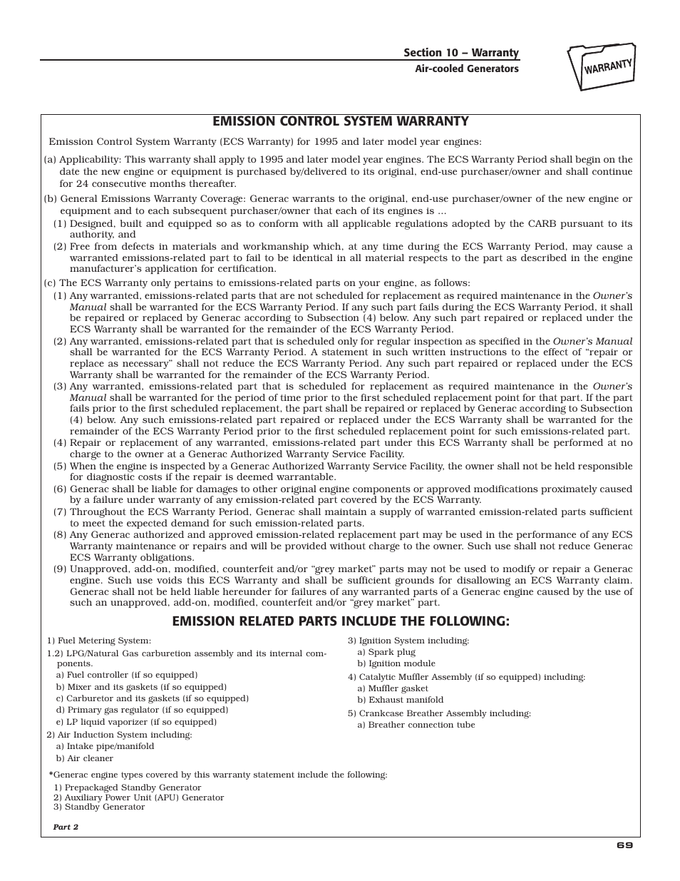 Emission control system warranty, Emission related parts include the following | Guardian Technologies 005282 User Manual | Page 71 / 72