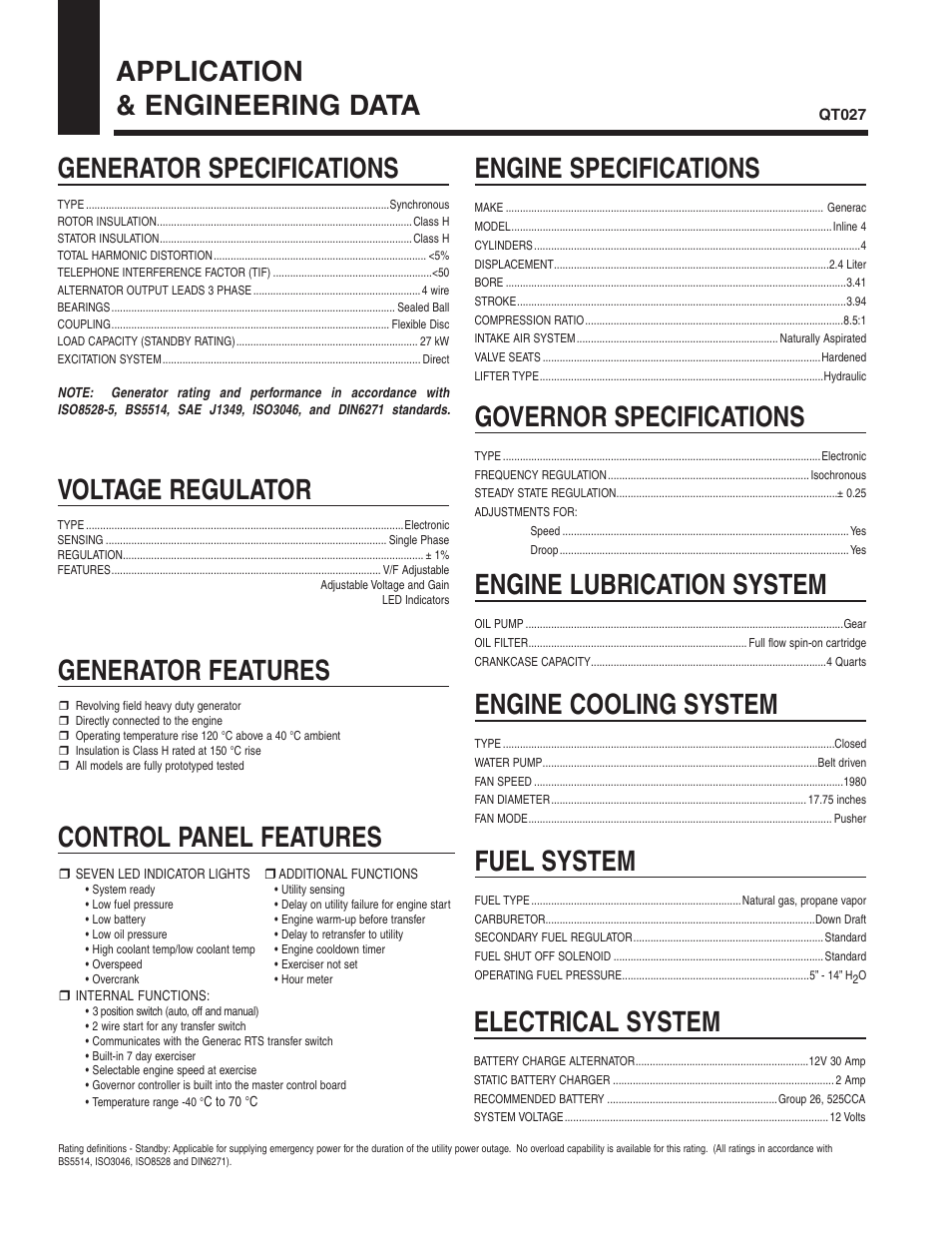 Application & engineering data, Generator specifications, Generator features | Voltage regulator, Control panel features, Engine specifications, Governor specifications, Engine lubrication system, Engine cooling system, Fuel system | Guardian Technologies QT027 User Manual | Page 2 / 4