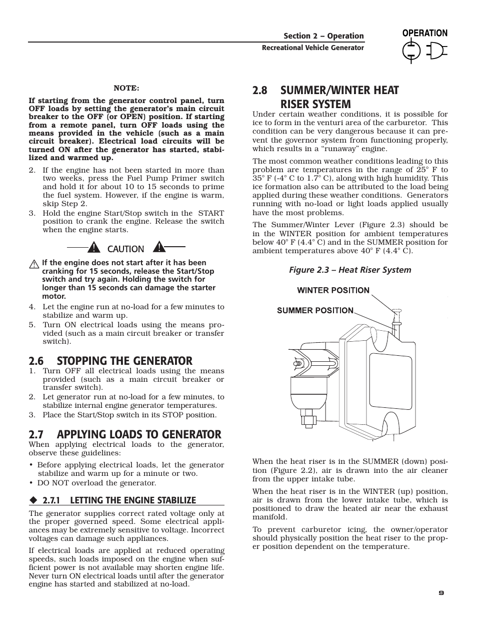 6 stopping the generator, 7 applying loads to generator, 8 summer/winter heat riser system | Guardian Technologies 02010-2 User Manual | Page 11 / 56