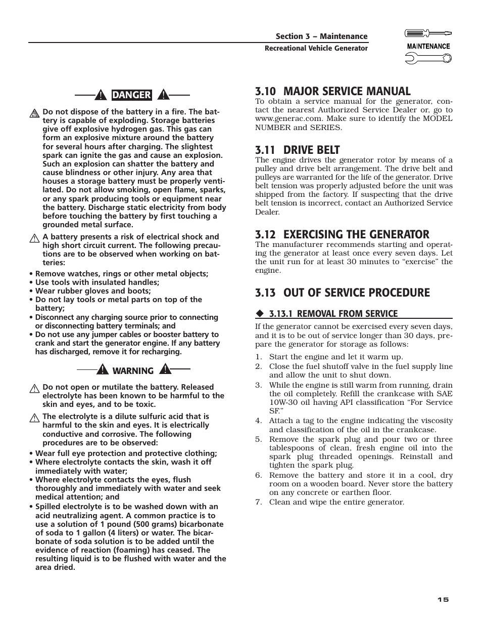 10 major service manual, 11 drive belt, 12 exercising the generator | 13 out of service procedure | Guardian Technologies 02010-2 User Manual | Page 17 / 56