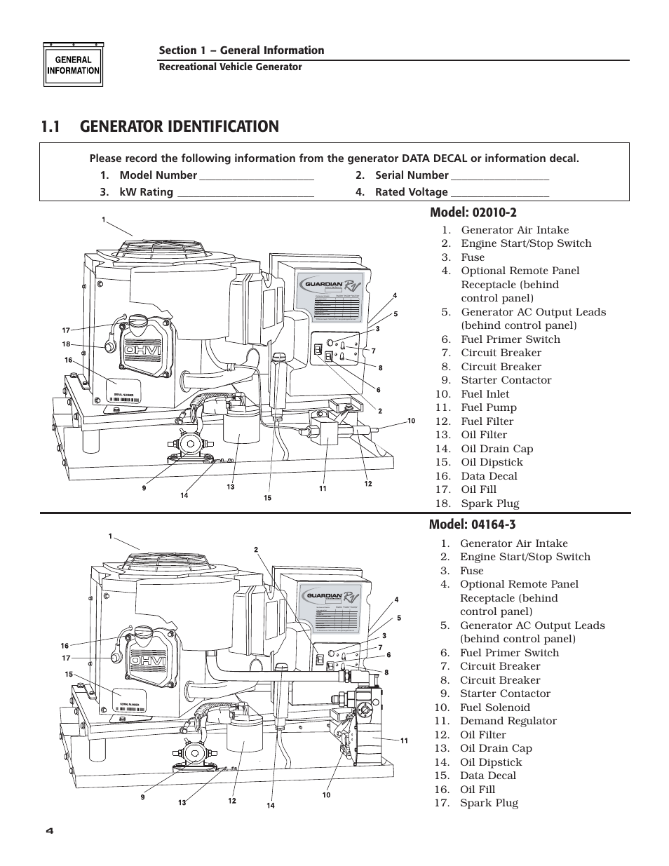 1 generator identification, Recreational vehicle generator | Guardian Technologies 02010-2 User Manual | Page 6 / 56