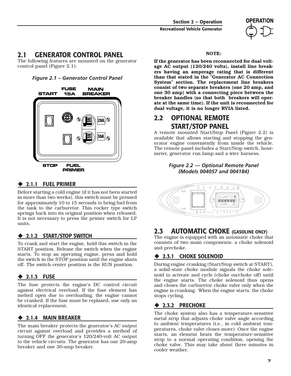 1 generator control panel, 2 optional remote start/stop panel, 3 automatic choke | Guardian Technologies 02010-2 User Manual | Page 9 / 56