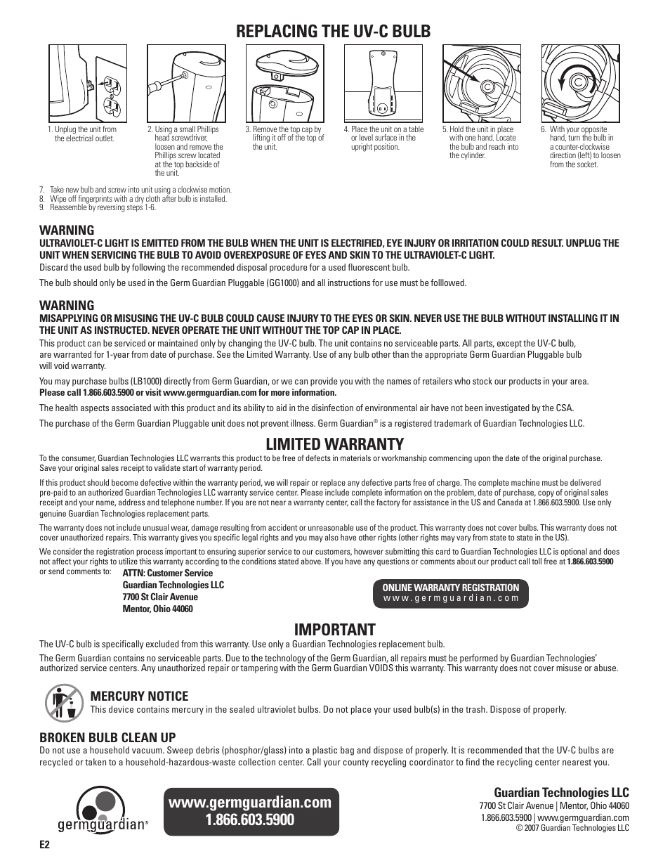 Replacing the uv-c bulb, Limited warranty, Important | Warning, Mercury notice, Broken bulb clean up, Guardian technologies llc | Guardian Technologies GEM GUARDIAN GG1000 User Manual | Page 2 / 6