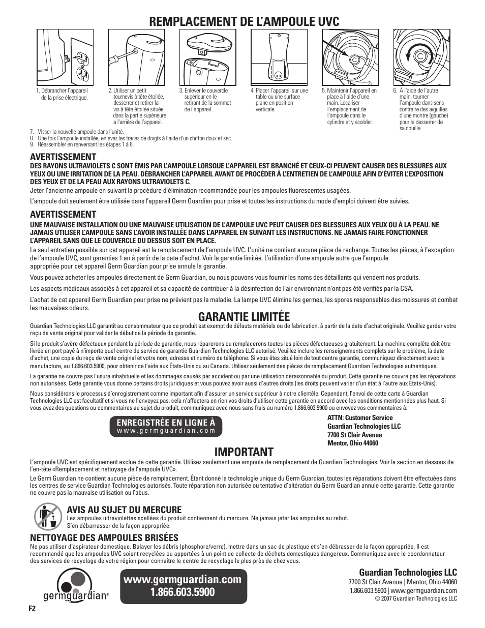 Remplacement de l’ampoule uvc, Garantie limitée, Important | Avertissement, Avis au sujet du mercure, Nettoyage des ampoules brisées, Guardian technologies llc | Guardian Technologies GEM GUARDIAN GG1000 User Manual | Page 4 / 6