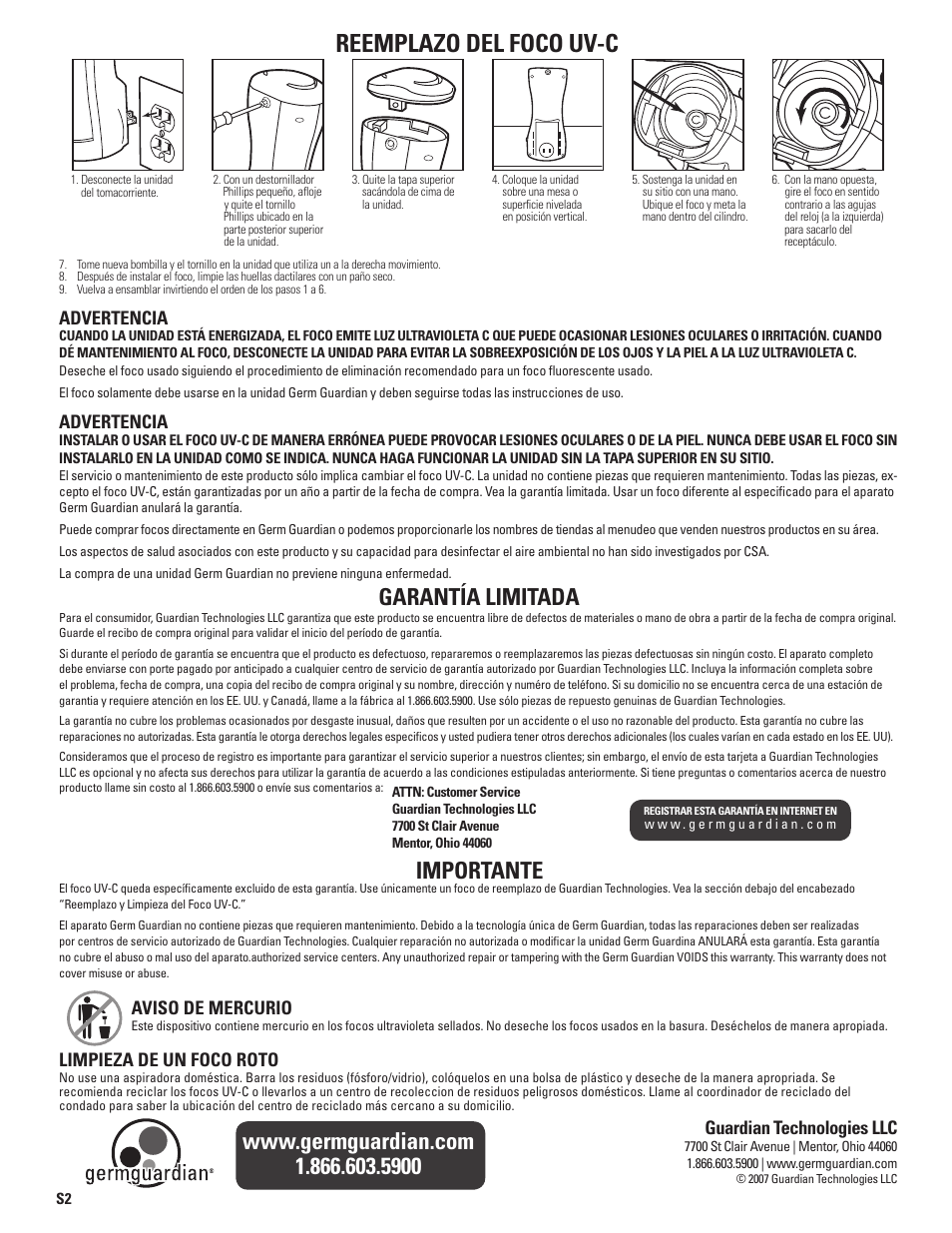 Reemplazo del foco uv-c, Garantía limitada, Importante | Advertencia, Aviso de mercurio, Limpieza de un foco roto, Guardian technologies llc | Guardian Technologies GEM GUARDIAN GG1000 User Manual | Page 6 / 6