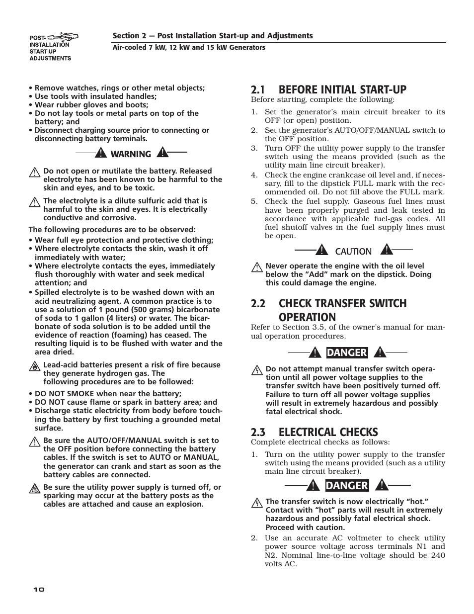 1 before initial start-up, 2 check transfer switch operation, 3 electrical checks | Danger | Guardian Technologies 04759-2 User Manual | Page 12 / 56