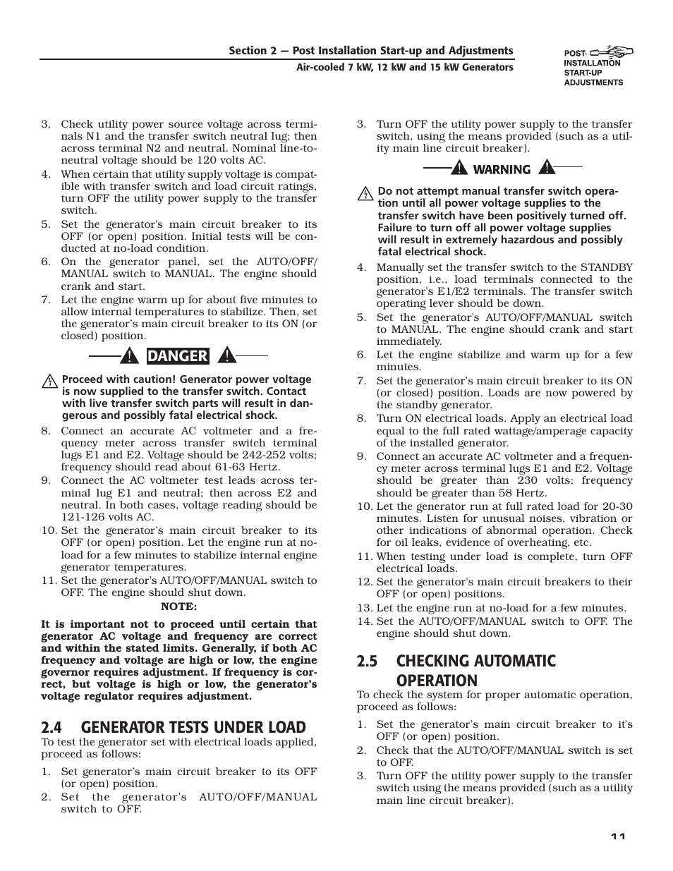 4 generator tests under load, 5 checking automatic operation, Danger | Guardian Technologies 04759-2 User Manual | Page 13 / 56