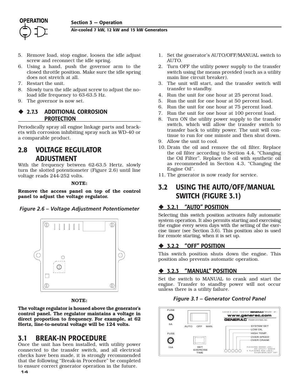 8 voltage regulator adjustment, 1 break-in procedure, 2 using the auto/off/manual switch (figure 3.1) | 3 additional corrosion protection, 1 “auto” position, 2 “off” position, 3 “manual” position, Figure 2.6 – voltage adjustment potentiometer, Figure 3.1 – generator control panel | Guardian Technologies 04759-2 User Manual | Page 16 / 56