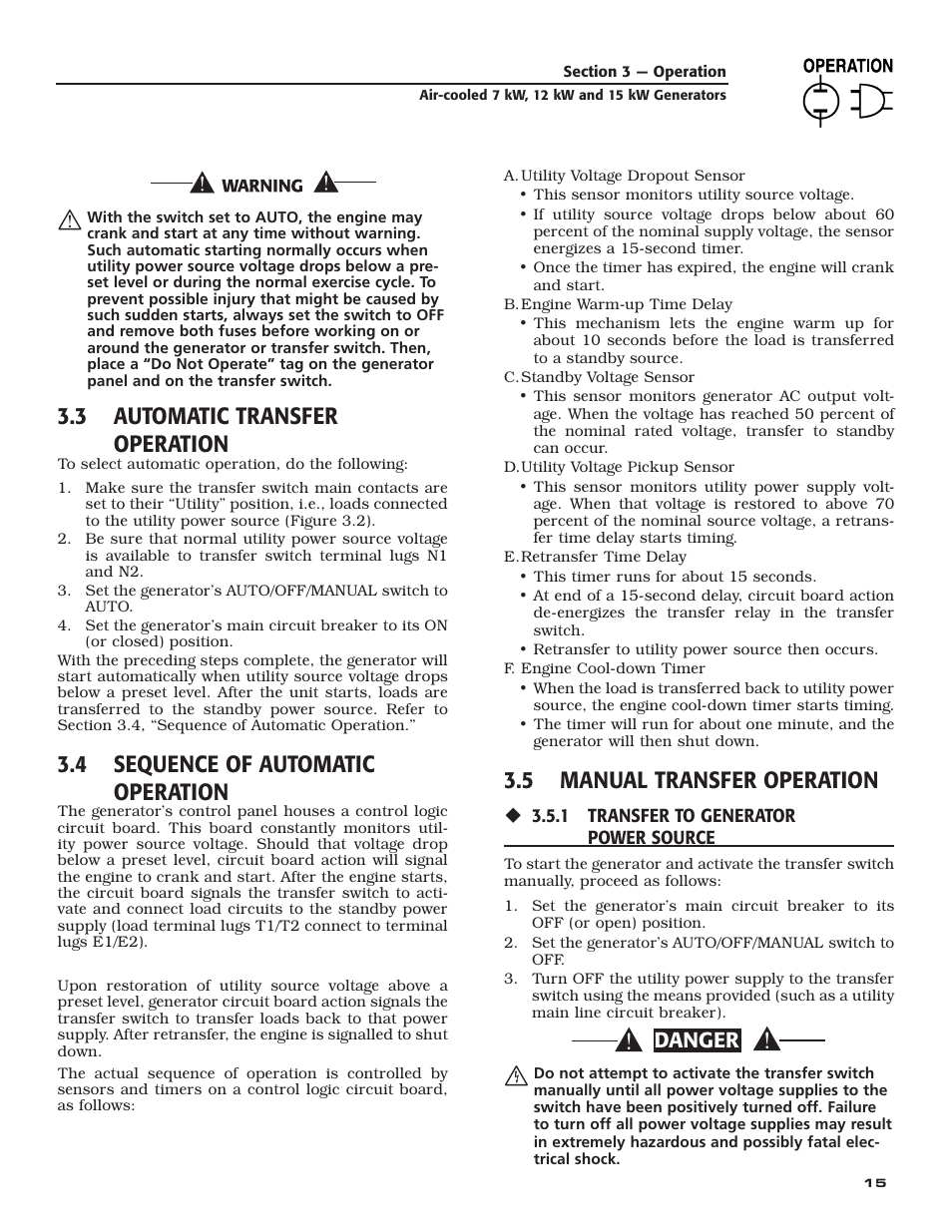 3 automatic transfer operation, 4 sequence of automatic operation, 5 manual transfer operation | Danger | Guardian Technologies 04759-2 User Manual | Page 17 / 56