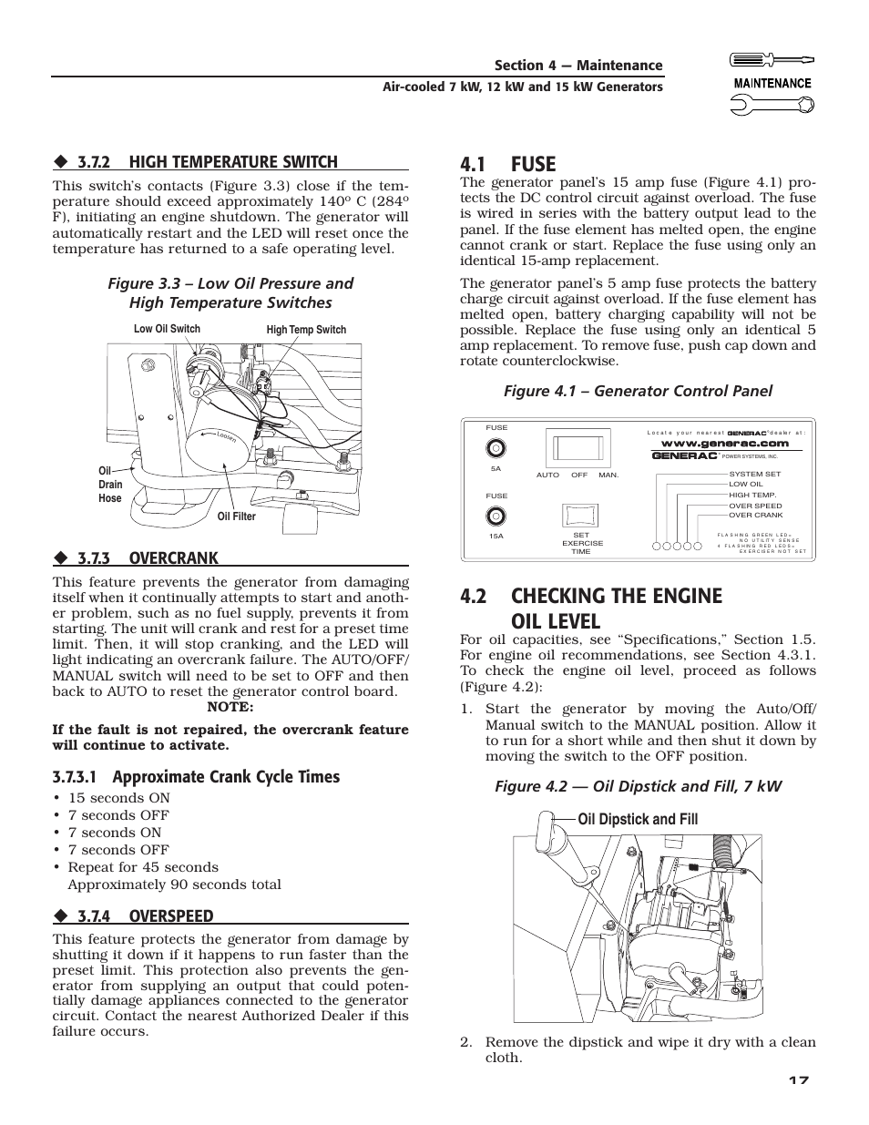 1 fuse, 2 checking the engine oil level, 2 high temperature switch | 3 overcrank, 1 approximate crank cycle times, 4 overspeed, Figure 4.1 – generator control panel | Guardian Technologies 04759-2 User Manual | Page 19 / 56