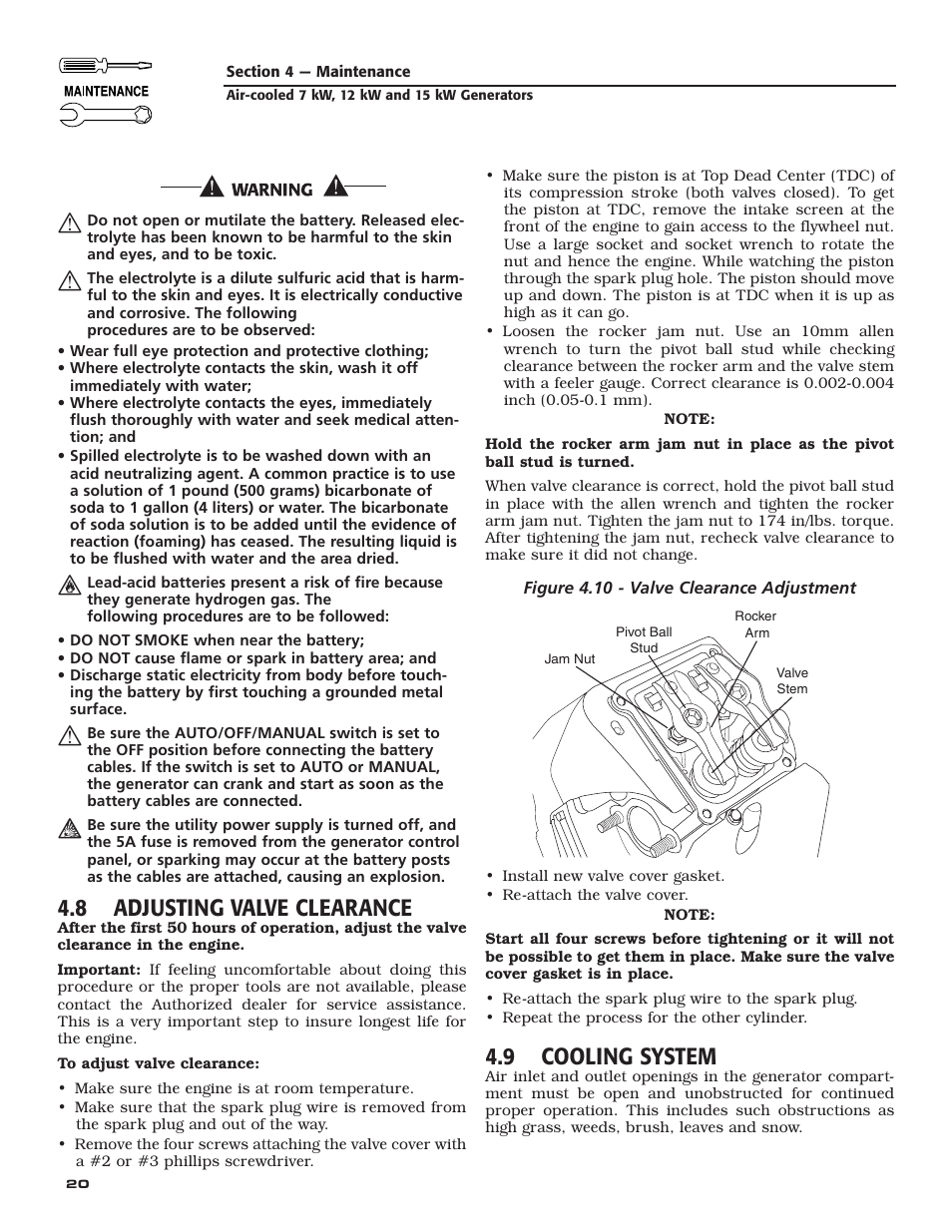 8 adjusting valve clearance, 9 cooling system | Guardian Technologies 04759-2 User Manual | Page 22 / 56