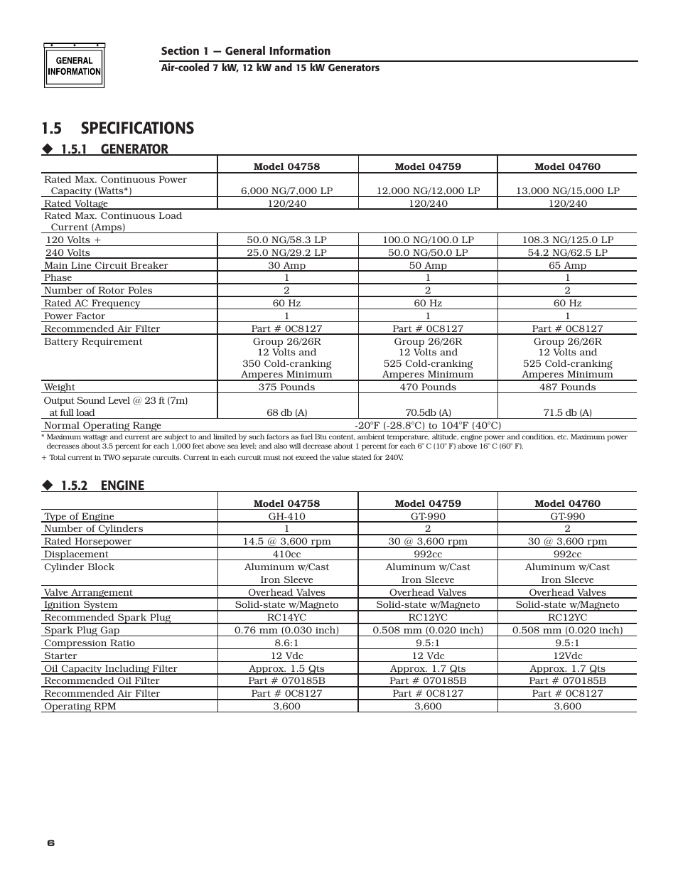 5 specifications, 1 generator, 2 engine | Guardian Technologies 04759-2 User Manual | Page 8 / 56