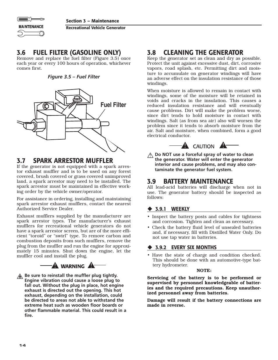 6 fuel filter (gasoline only), 7 spark arrestor muffler, 8 cleaning the generator | 9 battery maintenance, Fuel filter | Guardian Technologies 04164-3 User Manual | Page 16 / 56
