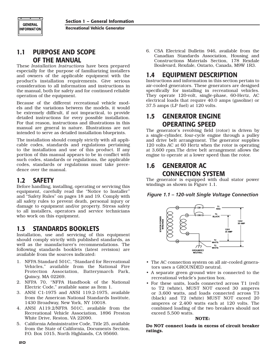 1 purpose and scope of the manual, 2 safety, 3 standards booklets | 4 equipment description, 5 generator engine operating speed, 6 generator ac connection system | Guardian Technologies 04164-3 User Manual | Page 22 / 56