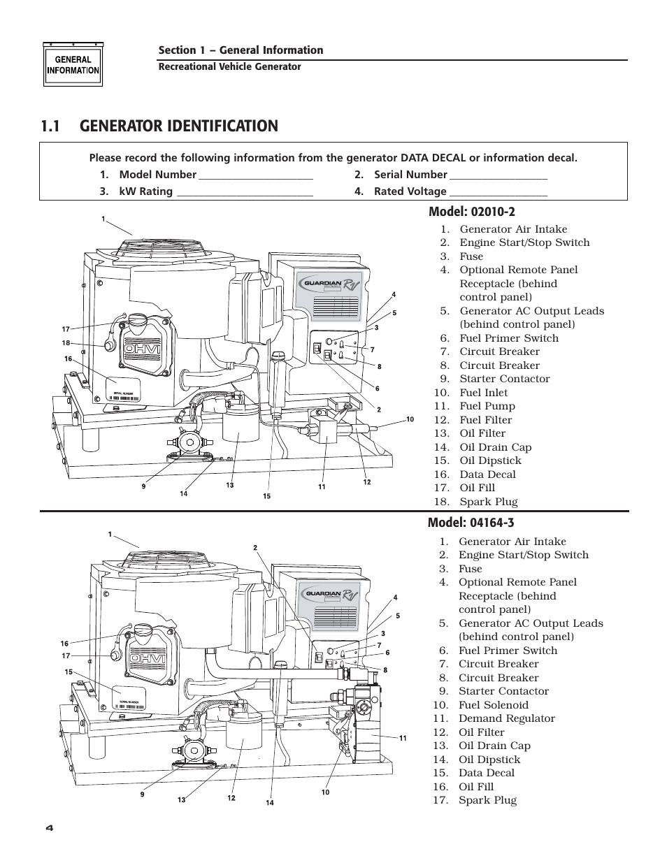 1 generator identification, Recreational vehicle generator | Guardian Technologies 04164-3 User Manual | Page 6 / 56