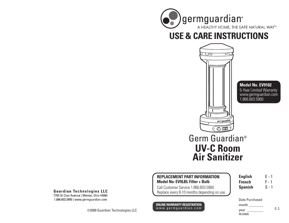 Guardian Technologies GERM GUARDIAN EV9102 User Manual | 15 pages