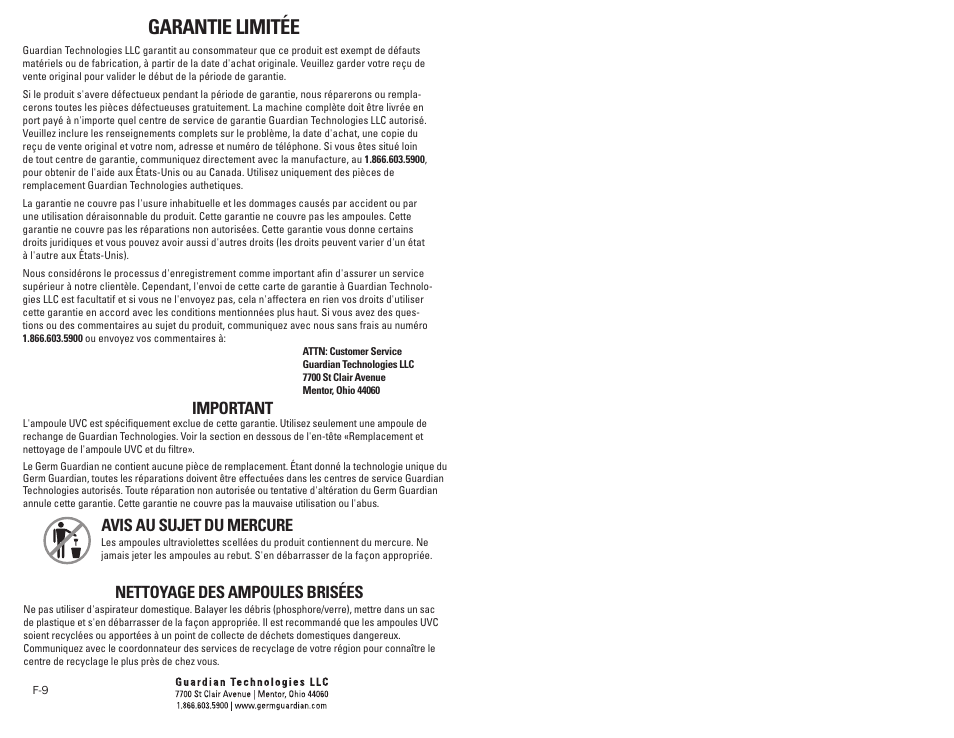 Garantie limitée, Important, Avis au sujet du mercure | Nettoyage des ampoules brisées | Guardian Technologies GERM GUARDIAN EV9102 User Manual | Page 10 / 15