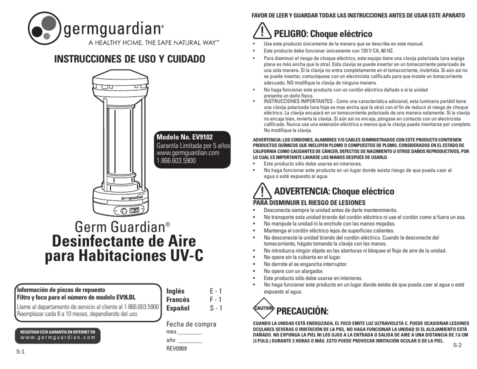 Desinfectante de aire para habitaciones uv-c, Germ guardian, Instrucciones | Cuidado, Peligro: choque eléctrico, Advertencia: choque eléctrico precaución | Guardian Technologies GERM GUARDIAN EV9102 User Manual | Page 11 / 15