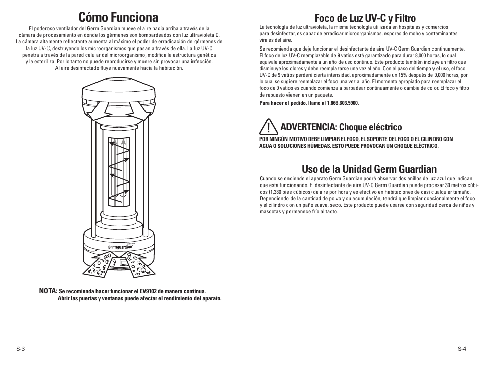 Cómo funciona, Foco de luz uv-c y filtro, Uso de la unidad germ guardian | Advertencia: choque eléctrico | Guardian Technologies GERM GUARDIAN EV9102 User Manual | Page 12 / 15