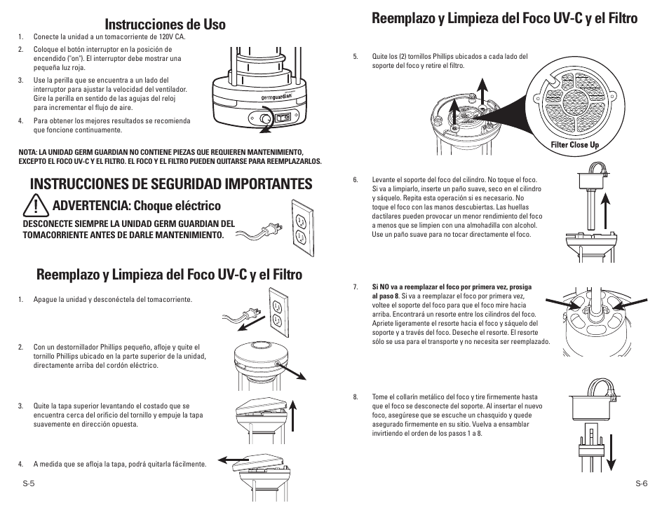 Instrucciones de uso, Reemplazo y limpieza del foco uv-c y el filtro, Instrucciones de seguridad importantes | Advertencia: choque eléctrico | Guardian Technologies GERM GUARDIAN EV9102 User Manual | Page 13 / 15