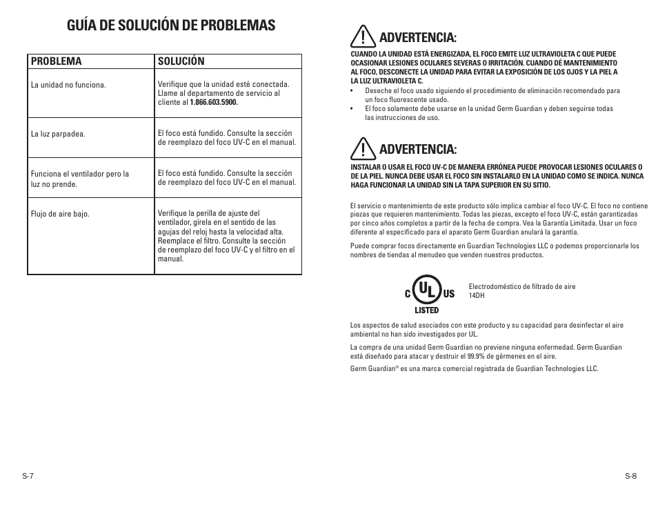 Guía de solución de problemas, Advertencia, Problema solución | Guardian Technologies GERM GUARDIAN EV9102 User Manual | Page 14 / 15