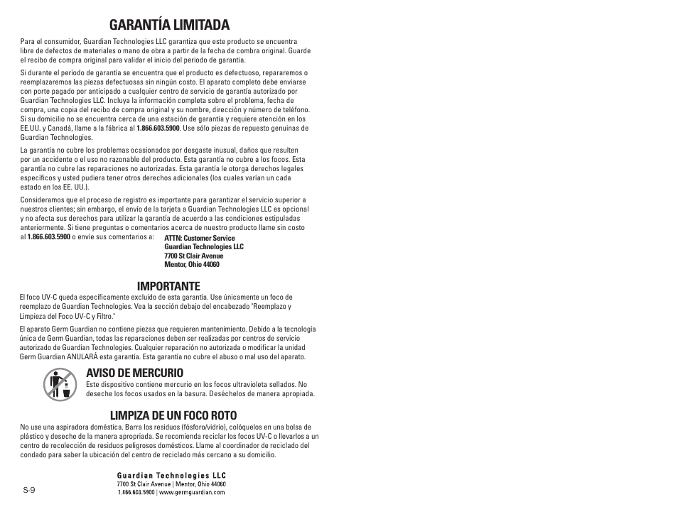 Garantía limitada, Importante, Aviso de mercurio | Limpiza de un foco roto | Guardian Technologies GERM GUARDIAN EV9102 User Manual | Page 15 / 15