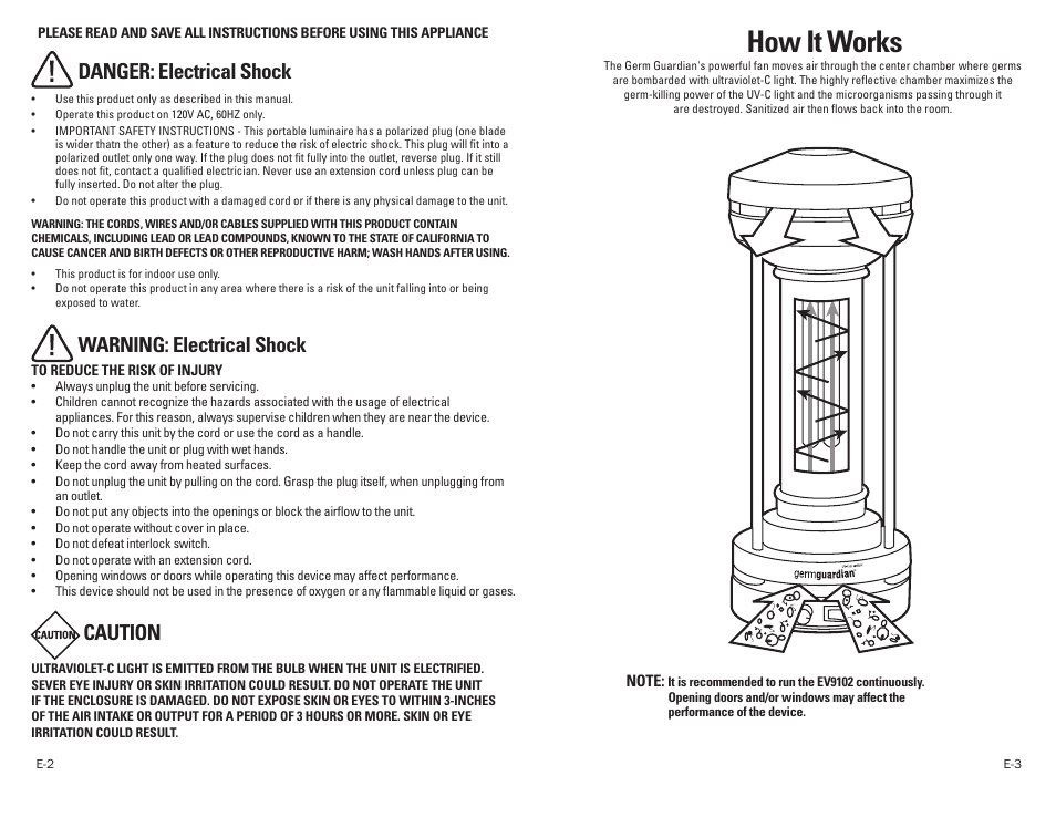 How it works, Danger: electrical shock, Warning: electrical shock caution | Guardian Technologies GERM GUARDIAN EV9102 User Manual | Page 2 / 15