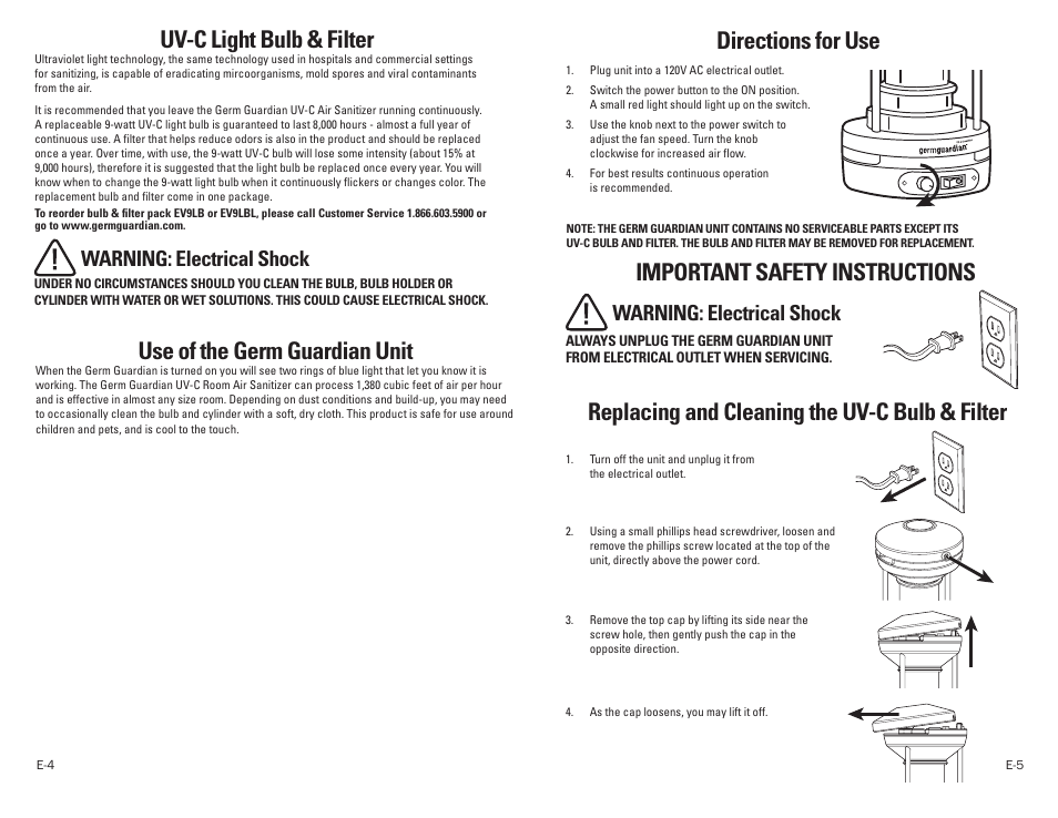Uv-c light bulb & filter, Use of the germ guardian unit, Directions for use | Replacing and cleaning the uv-c bulb & filter, Important safety instructions, Warning: electrical shock | Guardian Technologies GERM GUARDIAN EV9102 User Manual | Page 3 / 15