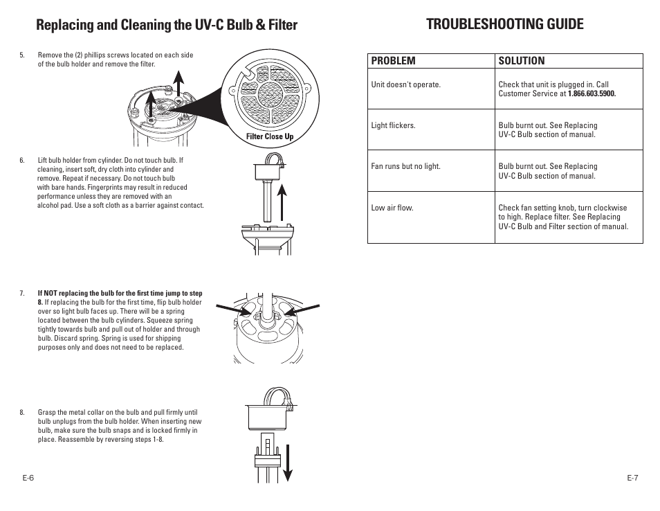 Replacing and cleaning the uv-c bulb & filter, Troubleshooting guide | Guardian Technologies GERM GUARDIAN EV9102 User Manual | Page 4 / 15