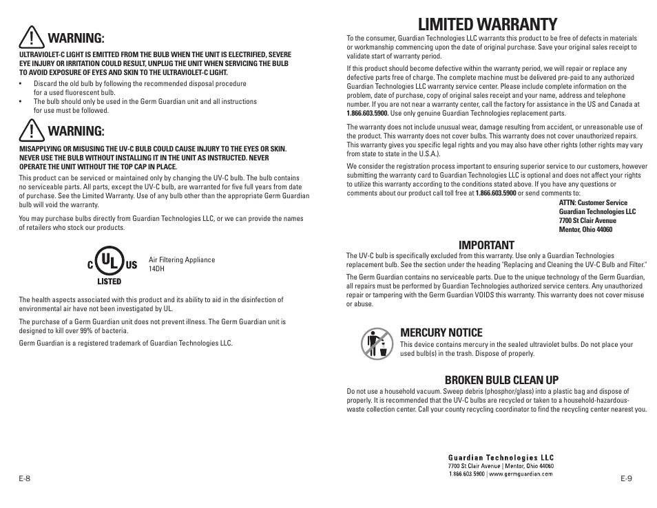 Limited warranty, Warning, Important | Mercury notice, Broken bulb clean up | Guardian Technologies GERM GUARDIAN EV9102 User Manual | Page 5 / 15