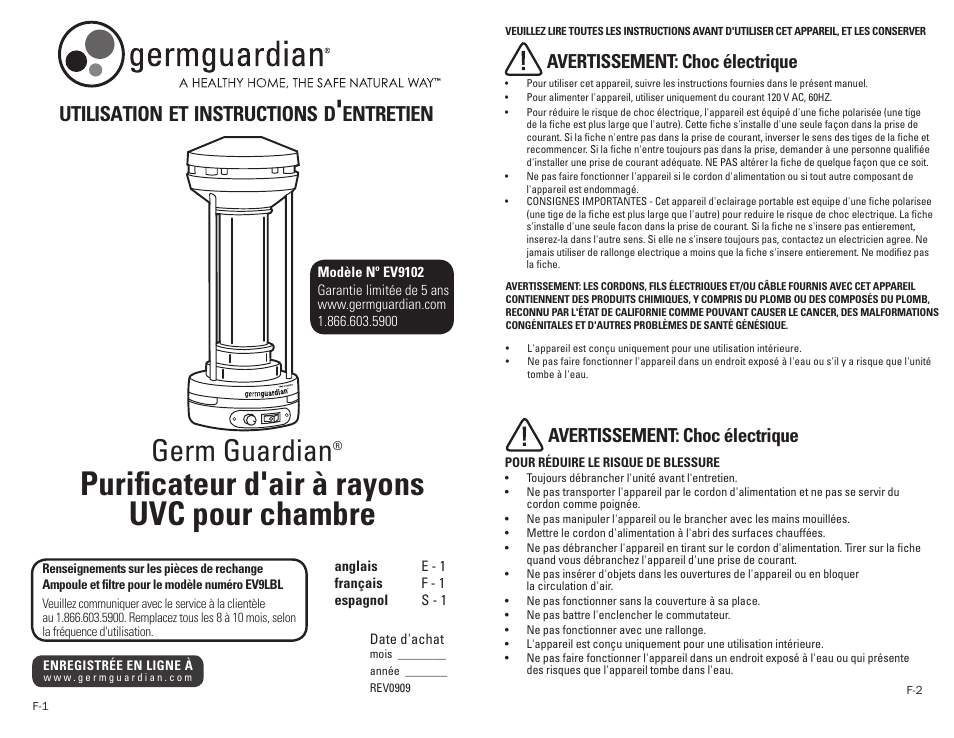 Purificateur d'air à rayons uvc pour chambre, Germ guardian, Utilisation | Instructions, Entretien, Avertissement: choc électrique | Guardian Technologies GERM GUARDIAN EV9102 User Manual | Page 6 / 15