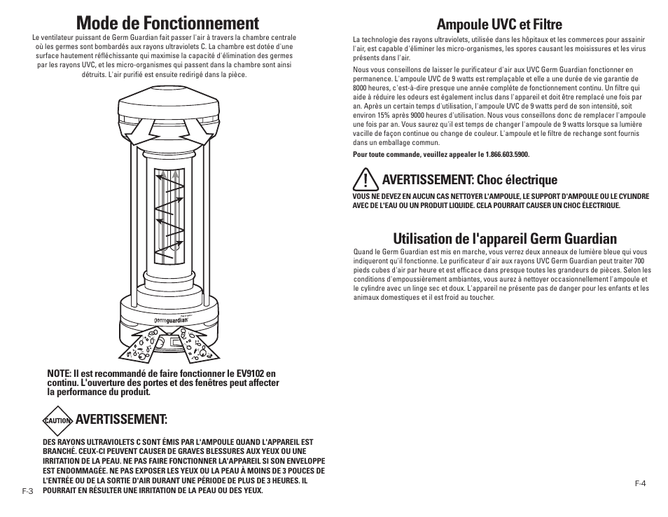 Mode de fonctionnement, Ampoule uvc et filtre, Utilisation de l'appareil germ guardian | Avertissement: choc électrique, Avertissement | Guardian Technologies GERM GUARDIAN EV9102 User Manual | Page 7 / 15
