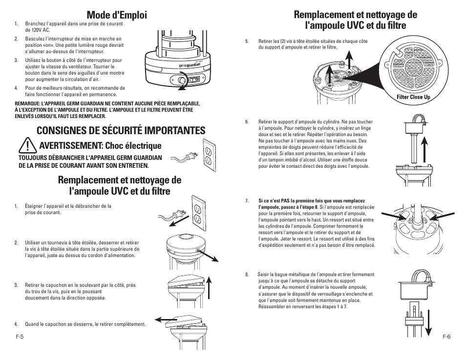 Mode d'emploi, Consignes de sécurité importantes, Avertissement: choc électrique | Guardian Technologies GERM GUARDIAN EV9102 User Manual | Page 8 / 15