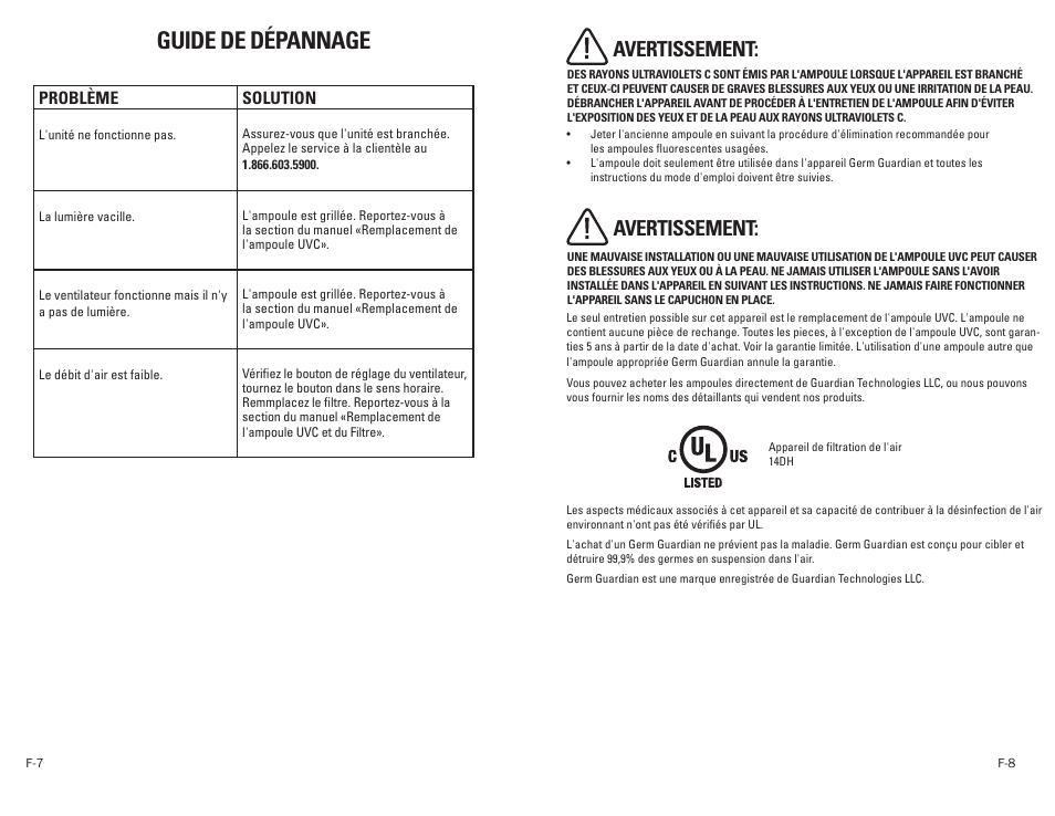 Guide de dépannage, Avertissement | Guardian Technologies GERM GUARDIAN EV9102 User Manual | Page 9 / 15