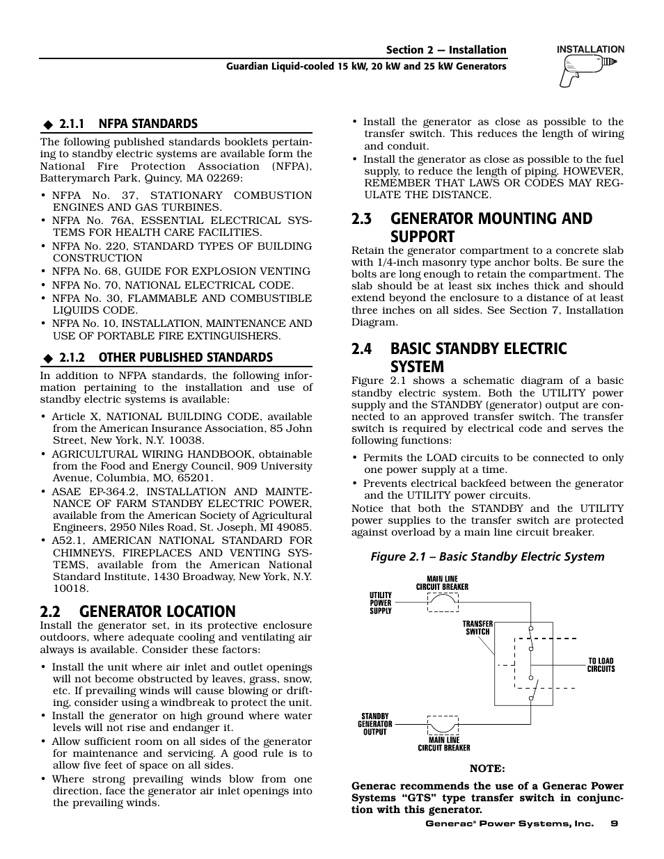 2 generator location, 3 generator mounting and support, 4 basic standby electric system | Guardian Technologies 004724-0 User Manual | Page 11 / 52